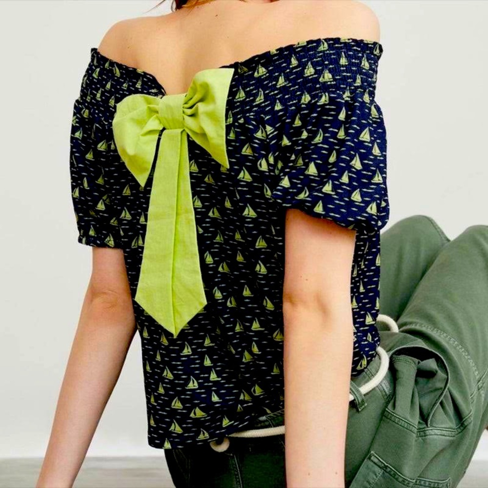 Anthropologie Porridge Back Bow Sailboat Print Blouse